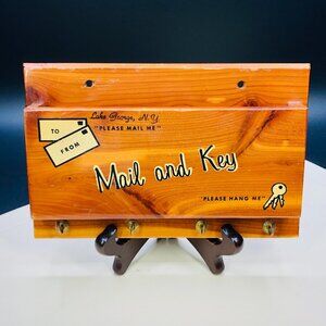 Vintage Wooden Mail & Key Hooks Wall Pocket: Mid-Century Lake George Souvenir